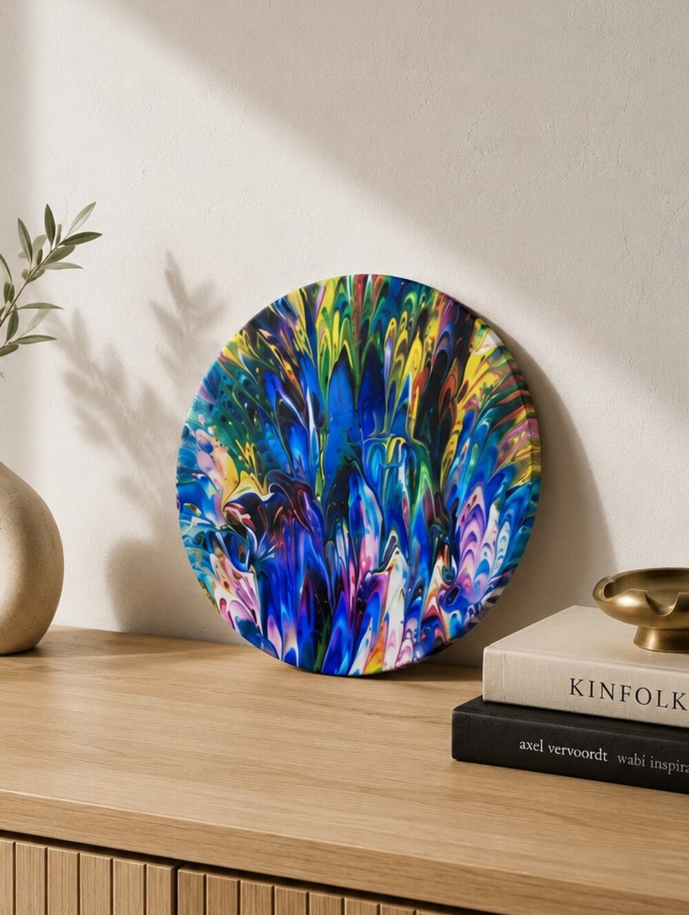 Original Round Acrylic Pour Painting "Cool Feather"